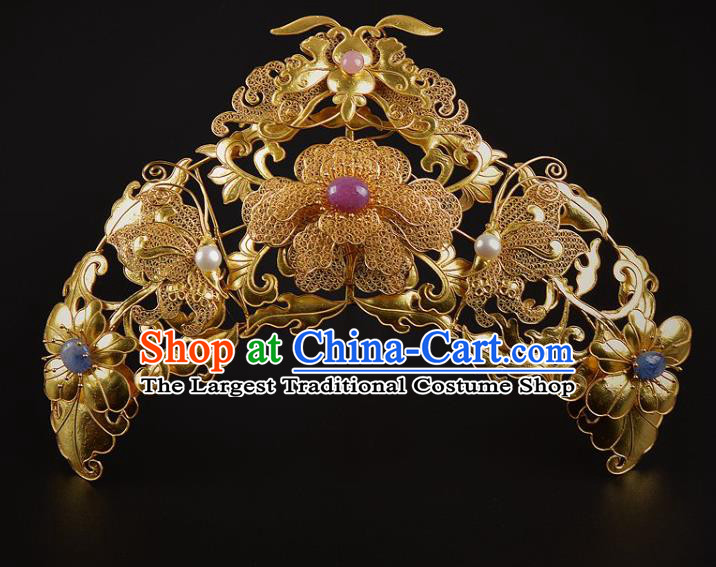 China Traditional Tang Dynasty Golden Peony Hairpin Handmade Hair Jewelry Ancient Empress Filigree Golden Hair Crown