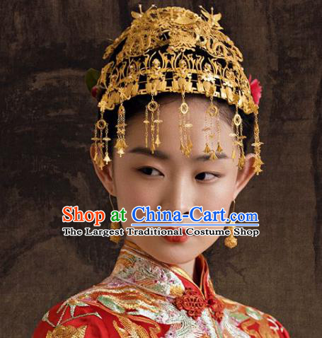 Traditional China Ancient Empress Tassel Phoenix Coronet Handmade Hair Ornament Ming Dynasty Palace Golden Hair Crown