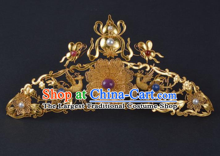 China Handmade Hair Jewelry Ancient Empress Hairpin Hair Comb Traditional Ming Dynasty Palace Golden Gourd Phoenix Hair Crown