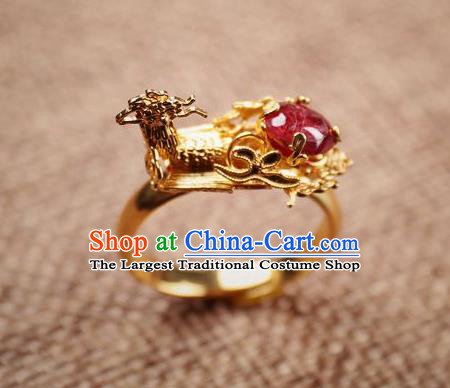 Handmade Chinese Ancient Empress Golden Phoenix Ring Jewelry Traditional Qing Dynasty Court Ruby Accessories