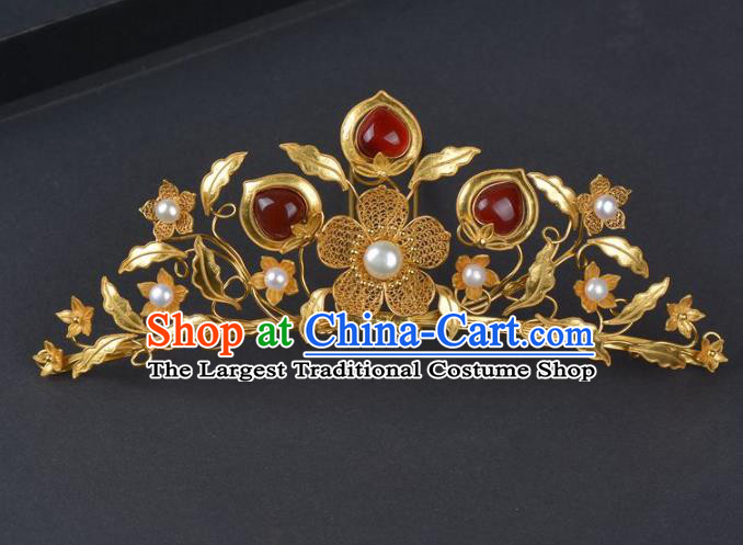 China Ancient Empress Golden Plum Hairpin Traditional Ming Dynasty Palace Agate Hair Crown Handmade Hair Jewelry