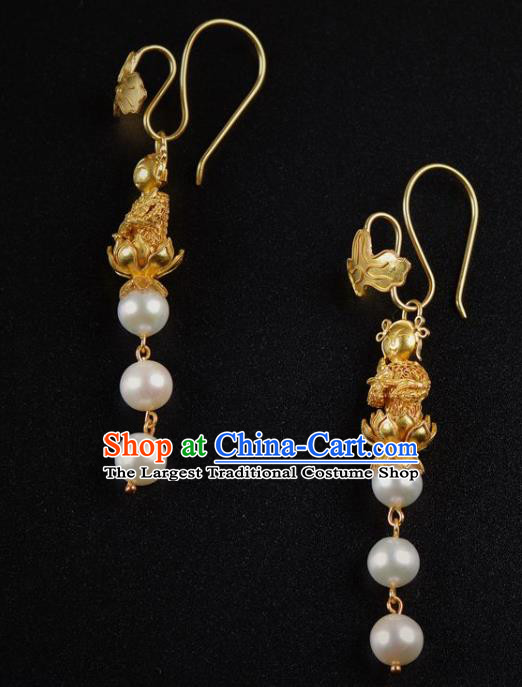 Handmade Chinese Ancient Empress Golden Earrings Jewelry Traditional Qing Dynasty Court Ear Pearls Accessories