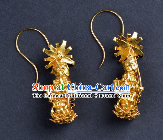 Handmade Chinese Ancient Empress Ear Jewelry Traditional Ming Dynasty Court Golden Earrings Accessories