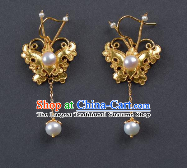 Handmade Chinese Ancient Empress Pearls Ear Jewelry Traditional Qing Dynasty Court Golden Butterfly Earrings Accessories