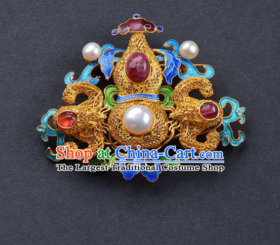 Handmade Chinese Traditional Qing Dynasty Gems Breastpin Accessories Ancient Empress Golden Filigree Gourd Brooch Jewelry