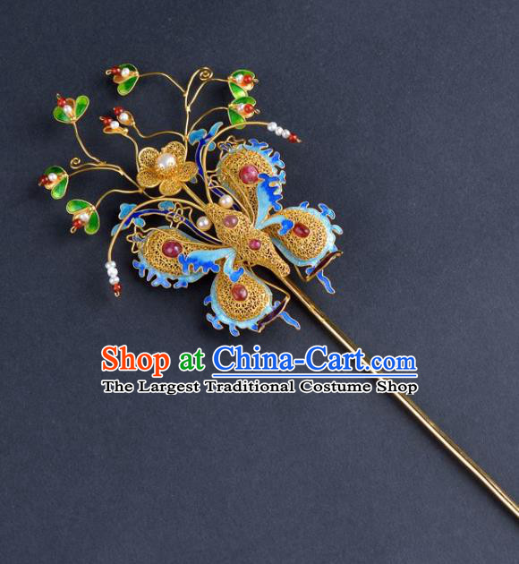 Traditional China Ancient Empress Gems Hairpin Qing Dynasty Palace Cloisonne Butterfly Hair Stick Handmade Hair Ornament