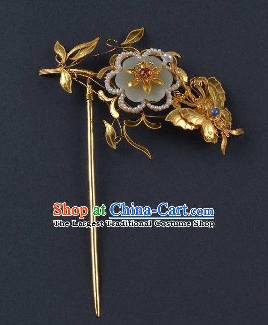 China Traditional Qing Dynasty Jade Flower Hair Stick Handmade Pearls Hair Jewelry Ancient Empress Golden Butterfly Hairpin