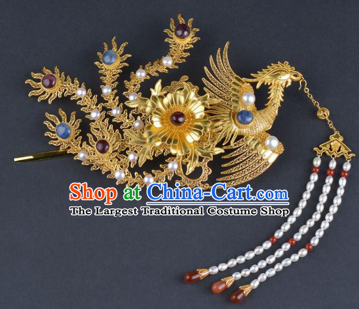 China Traditional Ming Dynasty Pearls Tassel Phoenix Hair Stick Handmade Hair Jewelry Ancient Empress Hairpin Step Shake