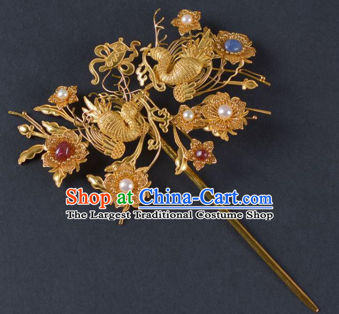 China Traditional Qing Dynasty Palace Golden Phoenix Hair Stick Ancient Empress Pearls Hairpin Handmade Hair Jewelry