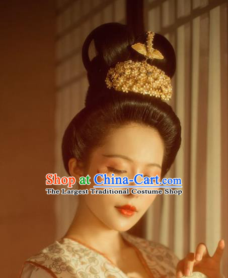 China Traditional Tang Dynasty Princess Pearls Hair Crown Handmade Hair Jewelry Ancient Hanfu Golden Hairpin Phoenix Coronet