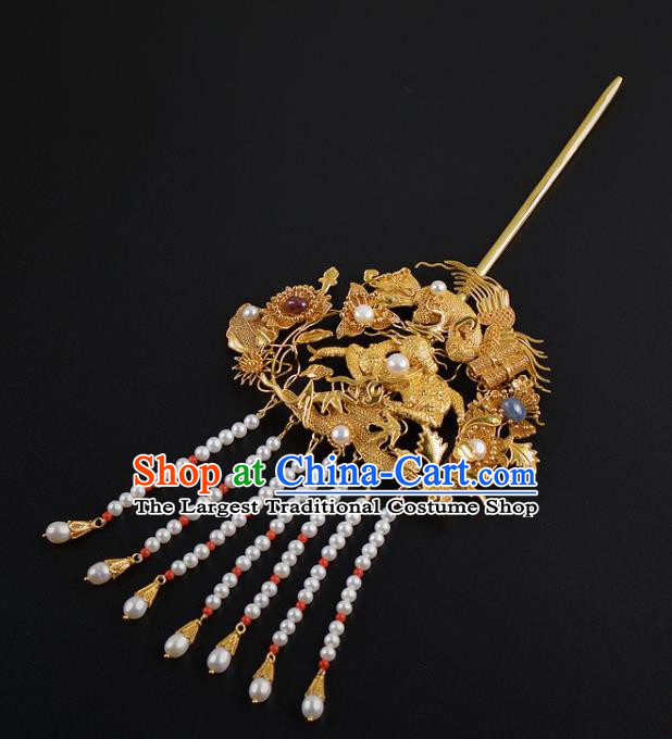 China Handmade Hair Jewelry Ancient Empress Pearls Tassel Hairpin Traditional Qing Dynasty Palace Golden Phoenix Hair Stick