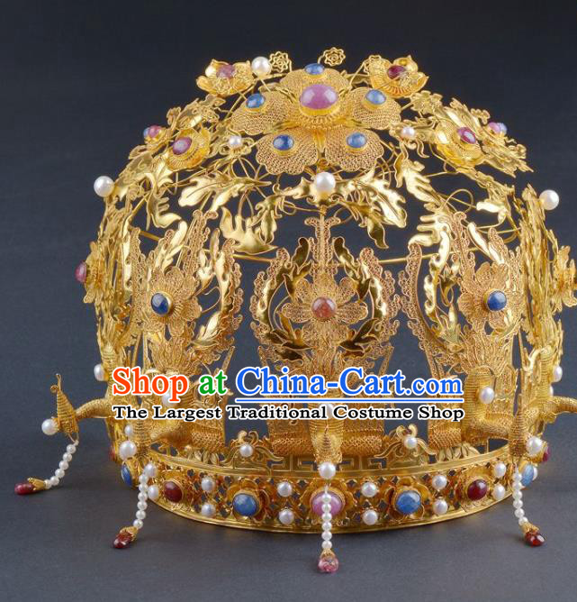 China Ancient Queen Gems Golden Hair Crown Handmade Hair Jewelry Traditional Ming Dynasty Empress Pearls Tassel Phoenix Coronet