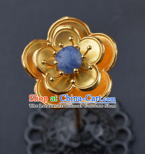 China Handmade Sapphire Hair Jewelry Traditional Ming Dynasty Palace Hairpin Ancient Empress Golden Plum Hair Stick