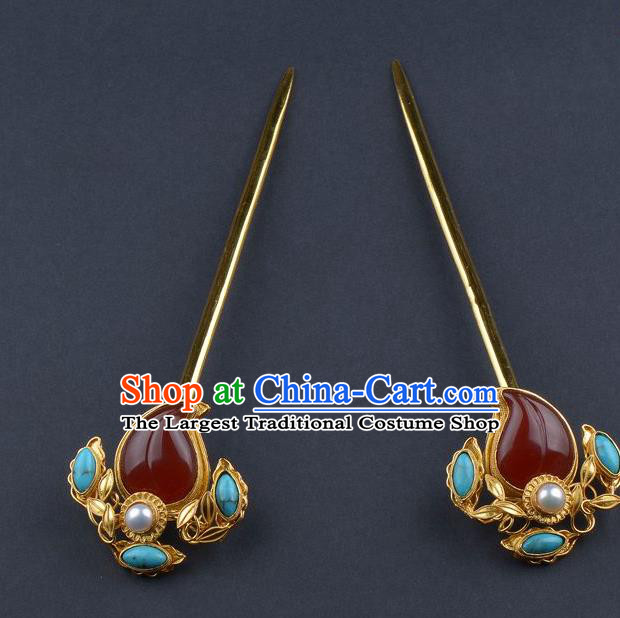 China Ancient Empress Agate Peach Hair Stick Handmade Palace Hair Jewelry Traditional Qing Dynasty Court Hairpin