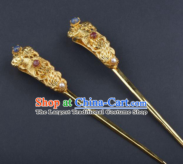 Traditional China Ming Dynasty Court Hairpin Handmade Palace Hair Ornament Ancient Empress Golden Phoenix Peony Hair Stick