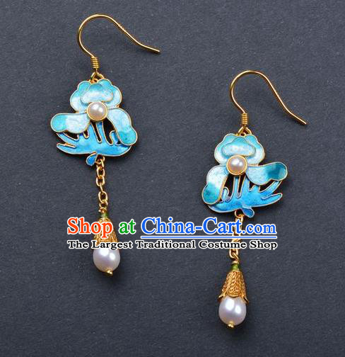 Handmade Chinese Enamel Peony Earrings Ancient Empress Pearl Jewelry Traditional Qing Dynasty Court Ear Accessories