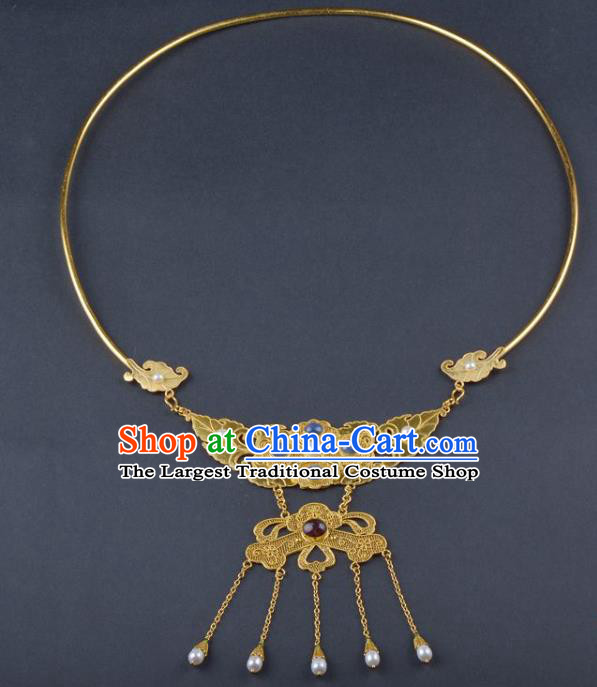 Handmade Chinese Golden Peony Nacklace Traditional Ming Dynasty Court Gems Accessories Ancient Empress Jewelry