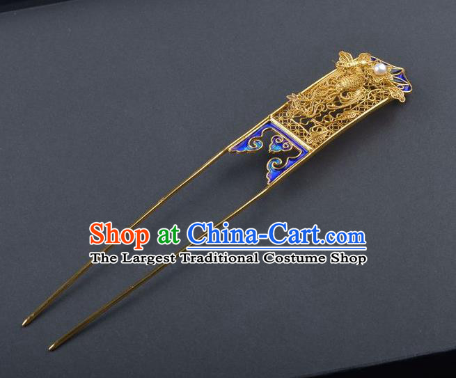 Traditional China Qing Dynasty Blueing Hair Stick Handmade Palace Hair Ornament Ancient Empress Filigree Phoenix Hairpin