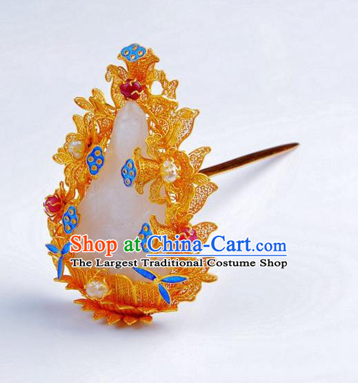 Traditional China Handmade Hair Ornament Ancient Empress Golden Hairpin Ming Dynasty Palace Jade Avalokitesvara Hair Crown