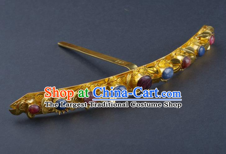 Traditional China Ming Dynasty Palace Hairpin Ancient Empress Golden Hair Crown Handmade Gems Hair Ornament