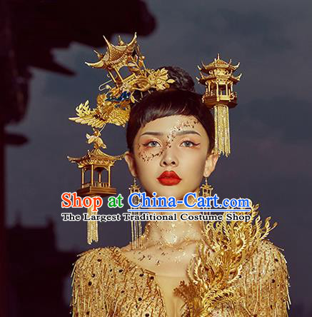 Traditional China Wedding Deluxe Phoenix Coronet Ancient Empress Golden Hair Crown Handmade Hair Ornament Full Set