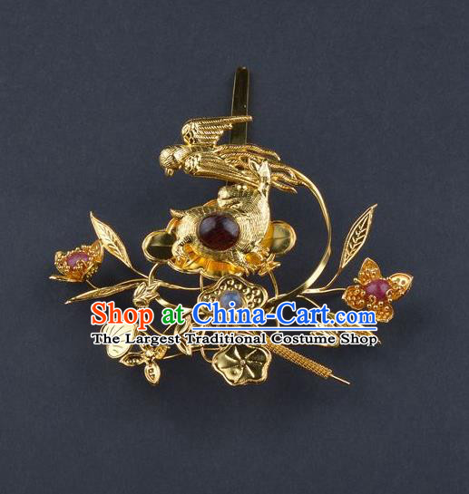 Traditional China Ming Dynasty Palace Ruby Hairpin Handmade Hair Ornament Ancient Empress Golden Rabbit Hair Crown