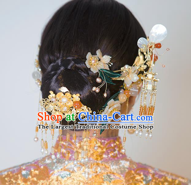 Traditional China Wedding Jade Tassel Hairpins Handmade Hair Ornament Ancient Empress Hair Combs Full Set