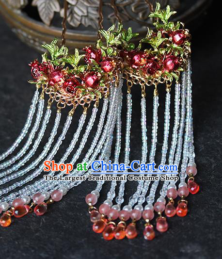 Chinese Hanfu Beads Tassel Hairpins Traditional Wedding Hair Accessories Ancient Bride Red Pomegranate Hair Stick