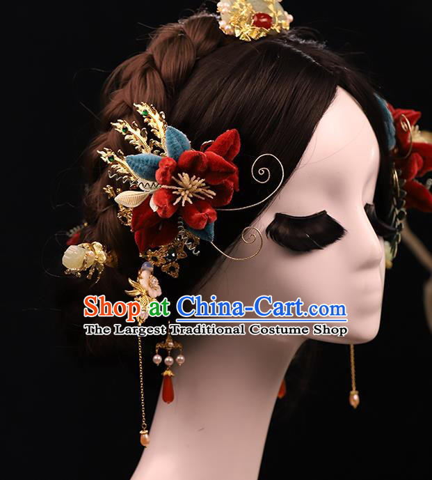 Traditional China Handmade Red Velvet Flower Hair Sticks Ancient Bride Tassel Hairpins Wedding Hair Ornament Full Set