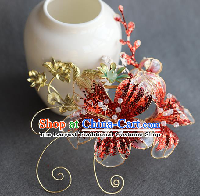 Chinese Traditional Wedding Hair Accessories Ancient Bride Hair Sticks Hanfu Red Flower Hairpin