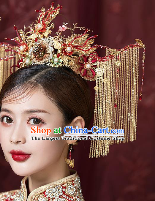 Traditional China Ancient Bride Hairpins Wedding Hair Ornament Handmade Golden Tassel Phoenix Coronet Full Set