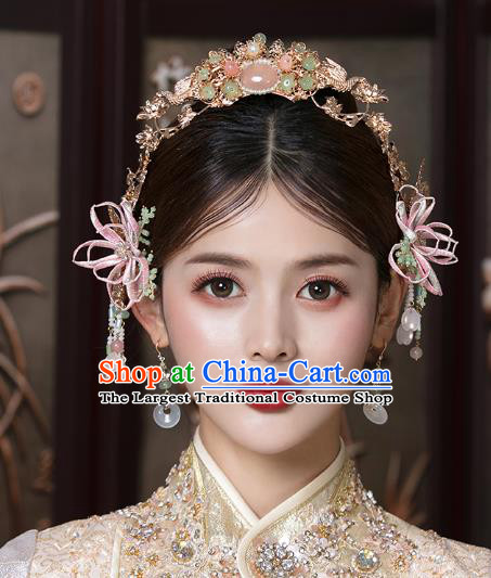 Traditional China Ancient Bride Flowers Hairpins Wedding Hair Ornament Handmade Hair Crown Full Set