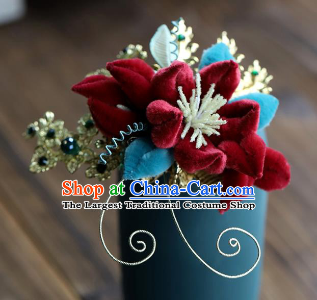 Chinese Traditional Hanfu Red Velvet Flower Hairpin Wedding Hair Accessories Ancient Bride Hair Stick