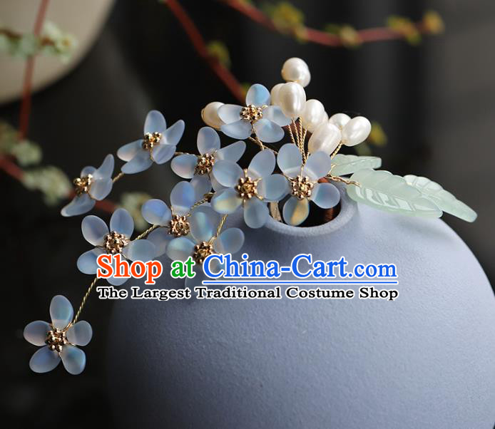 Chinese Traditional Hanfu Blue Flowers Hairpin Wedding Hair Accessories Ancient Bride Hair Stick