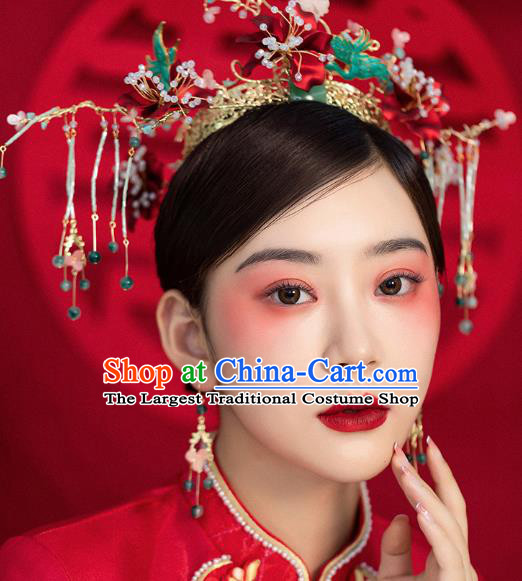 Traditional China Ancient Bride Red Flowers Hair Crown Hairpins Handmade Phoenix Coronet Wedding Hair Ornament Full Set