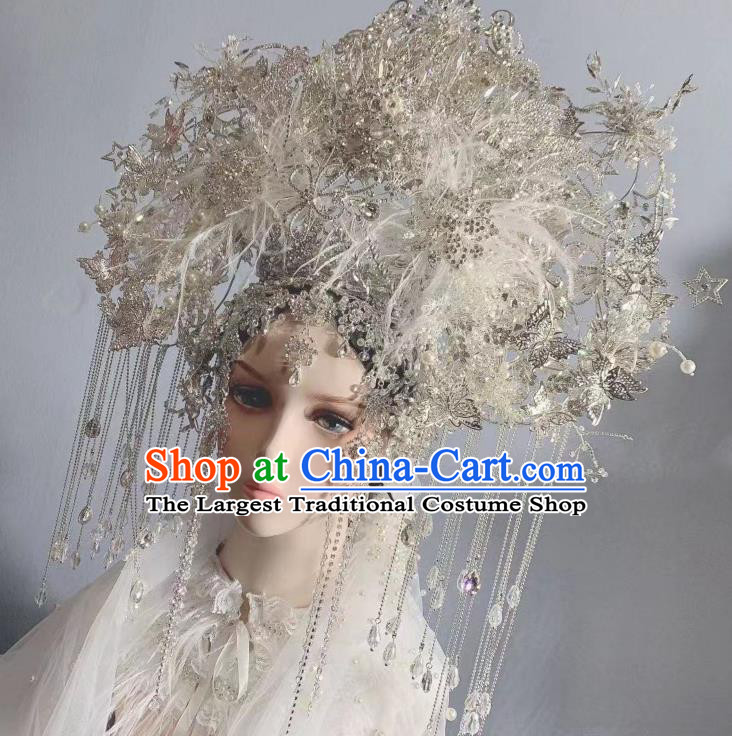 Top Grade Wedding White Feather Hair Ornament Stage Show Bride Phoenix Coronet Handmade Court Queen Deluxe Argent Tassel Hair Crown