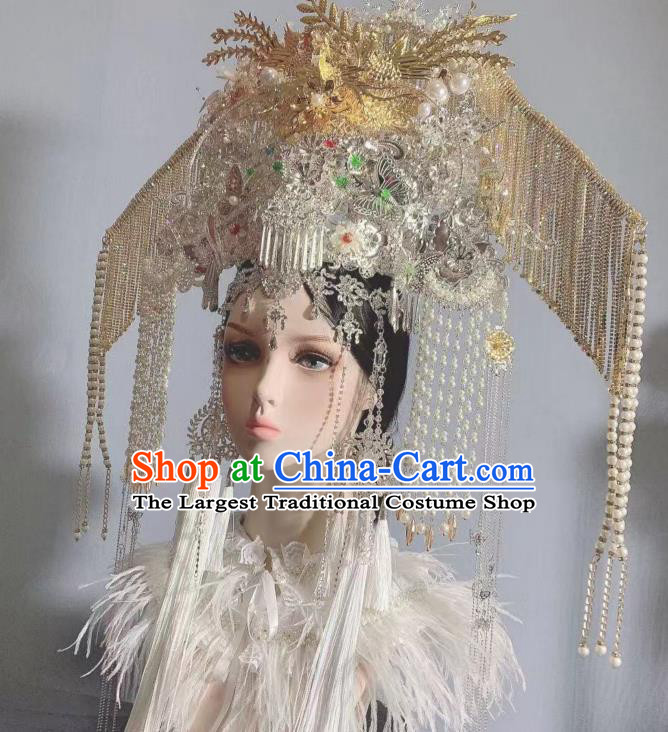 Top Grade China Wedding Hair Ornament Handmade Court Queen Deluxe Beads Tassel Hair Crown Stage Show Bride Phoenix Coronet