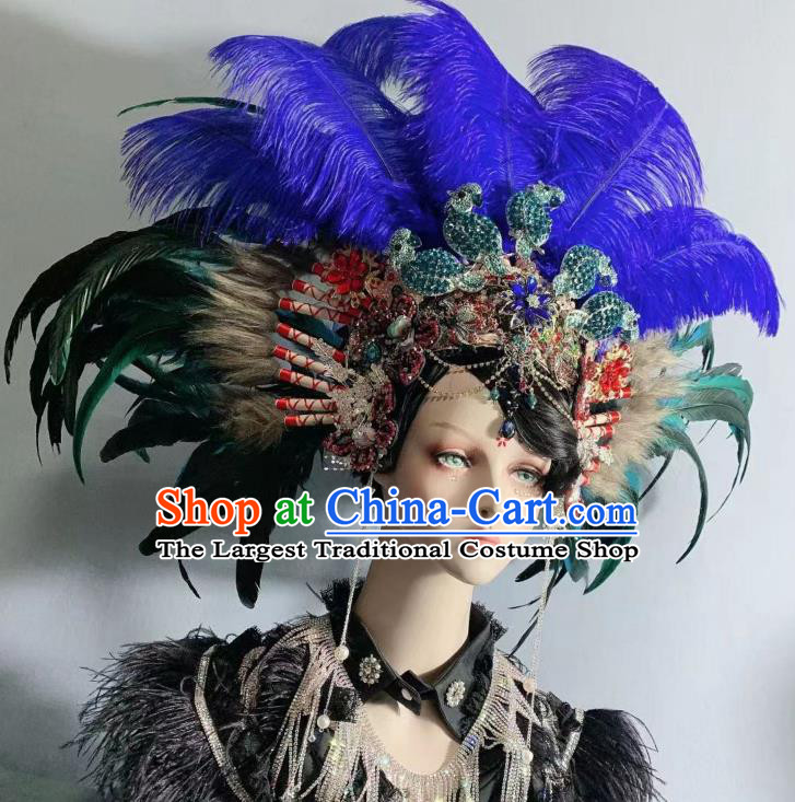 Top Baroque Wedding Bride Royalblue Feather Royal Crown Court Queen Deluxe Headdress Handmade Halloween Stage Show Hair Ornament