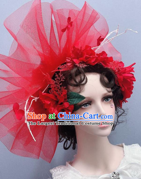 Top Court Handmade Red Veil Royal Crown Stage Show Hair Ornament Baroque Bride Headdress