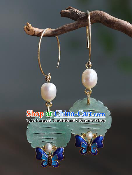 Handmade Chinese Ancient Bride Jade Earrings Jewelry Traditional Wedding Blueing Butterfly Ear Accessories