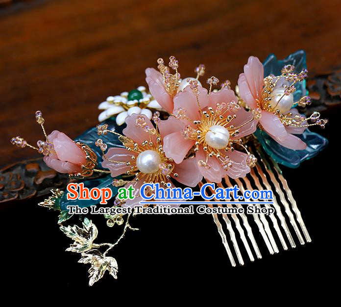 Chinese Traditional Hanfu Pink Flowers Hair Comb Wedding Hair Accessories Ancient Bride Hairpin