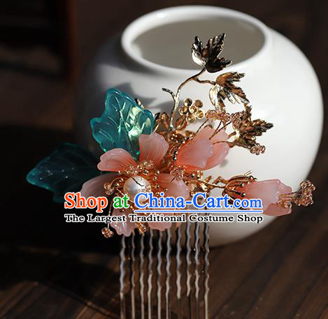 Chinese Wedding Hair Accessories Ancient Bride Hairpin Traditional Hanfu Pink Flowers Hair Comb