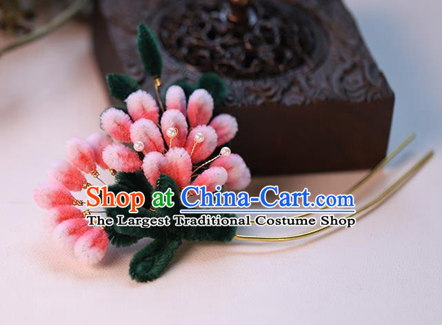 Chinese Ancient Bride Pink Velvet Flowers Hairpin Traditional Hanfu Hair Stick Wedding Hair Accessories