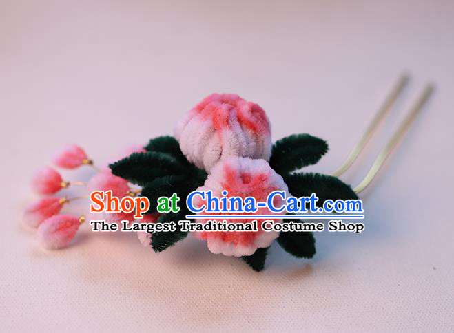 Chinese Traditional Hanfu Hair Stick Wedding Hair Accessories Ancient Bride Pink Velvet Chrysanthemum Hairpin