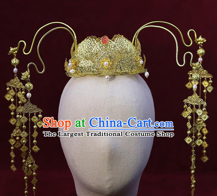 Traditional China Ancient Bride Golden Lotus Hair Crown Hairpins Handmade Wedding Hair Ornament Phoenix Coronet Full Set