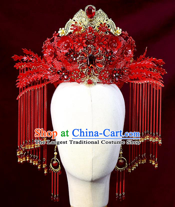 Traditional China Ancient Bride Red Tassel Phoenix Coronet Handmade Hairpins Wedding Hair Ornament Full Set