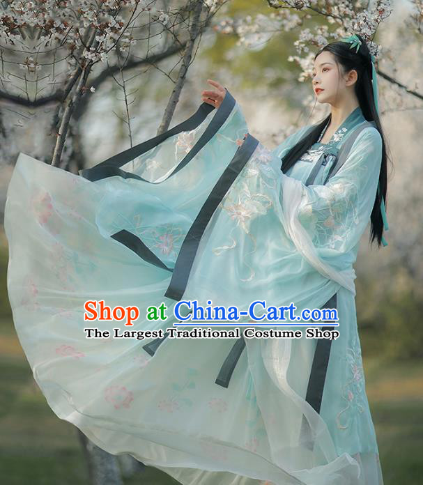 Traditional China Tang Dynasty Palace Princess Blue Hanfu Dress Ancient Court Infanta Historical Clothing