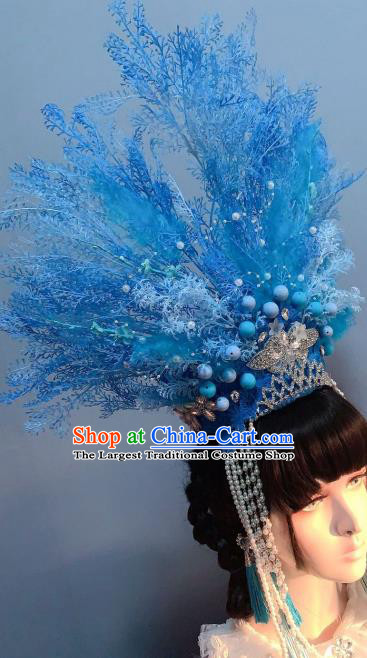 Top Baroque Queen Hat Hair Accessories Handmade Blue Royal Crown Stage Show Hair Ornament