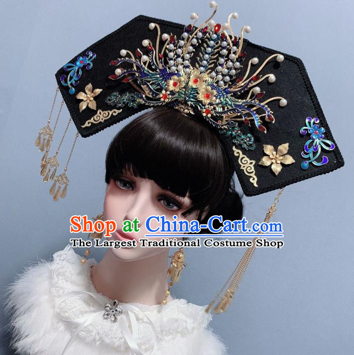 China Ancient Palace Lady Hair Accessories Traditional Drama Headdress Qing Dynasty Imperial Consort Cloisonne Phoenix Coronet