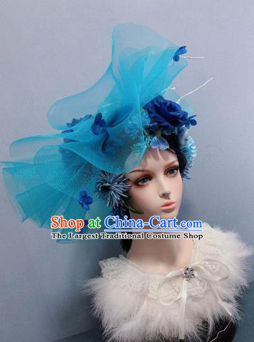 Top Blue Veil Top Hat Stage Show Princess Headwear Wedding Hair Accessories Handmade Rose Royal Crown